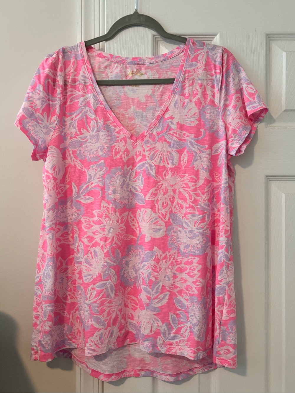 Lilly Pulitzer Pink Floral V-Neck Short Sleeve Etta Top